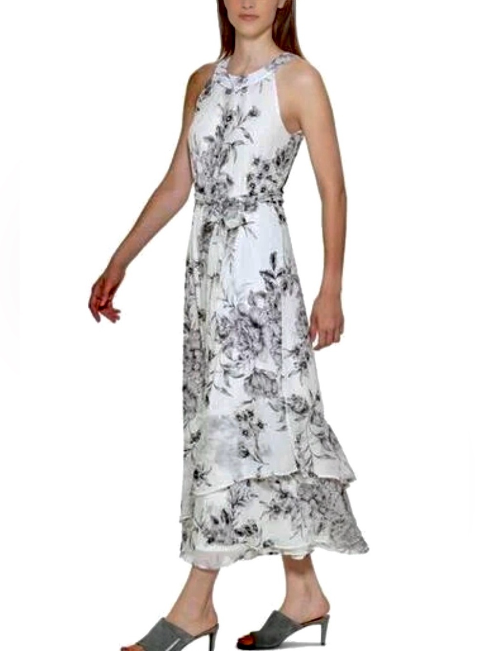 Calvin Klein Halter Maxi Dress with White & Black Floral Print